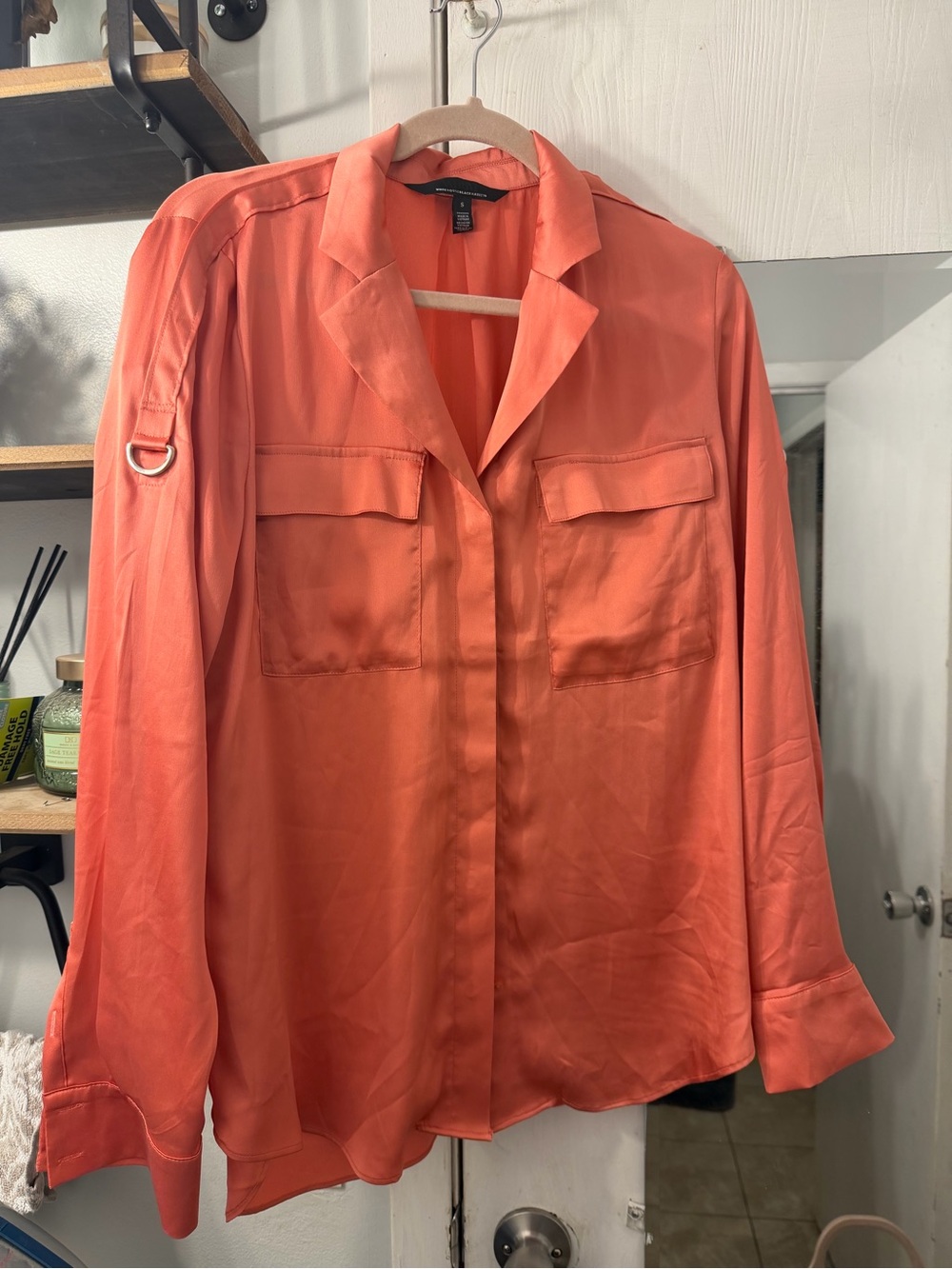 White House Black Market Women's Coral Button-Up Utility Blouse